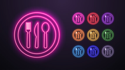 A set of neon icons of a spoon, knife and fork in a round plate in the colors blue, yellow, orange, green, purple, pink, white and red on a dark background. A concept for cafes and food. © Dmytro
