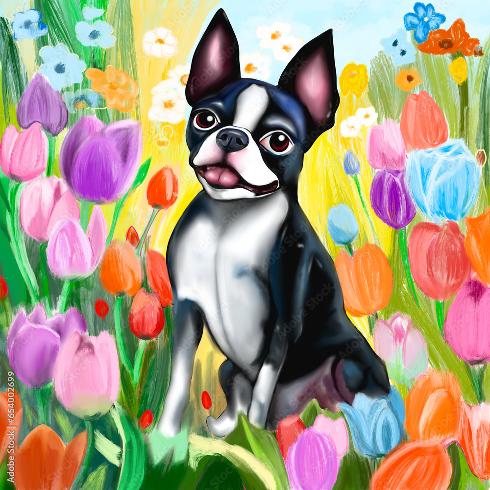 Wall mural cute boston terrier in garden flowers