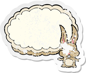 retro distressed sticker of a cartoon rabbit with text space cloud