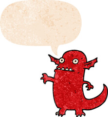 cartoon halloween monster with speech bubble in grunge distressed retro textured style