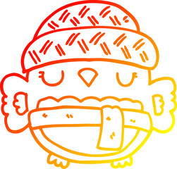 warm gradient line drawing of a cute cartoon owl in hat