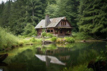 Fototapeta na wymiar Rustic cabin nestled by serene lake surrounded by lush forest. Generative AI