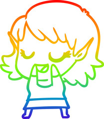 rainbow gradient line drawing of a happy cartoon elf girl