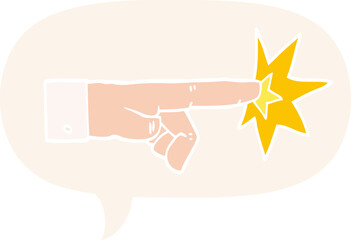 cartoon pointing hand with speech bubble in retro style
