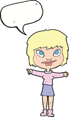 cartoon woman pointing with speech bubble
