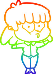 rainbow gradient line drawing of a cartoon whistling girl