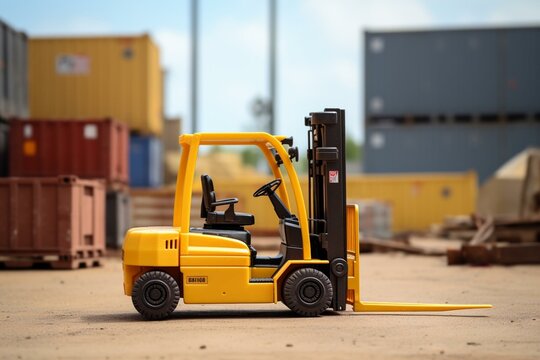 Yellow forklift truck with raised fork. Generative AI