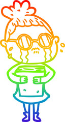 rainbow gradient line drawing of a cartoon crying woman wearing spectacles