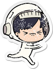 distressed sticker of a cartoon astronaut woman