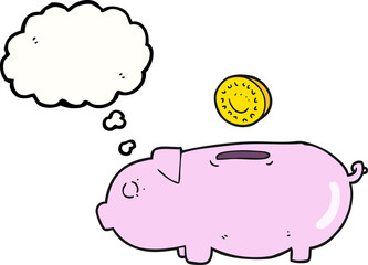 freehand drawn thought bubble cartoon piggy bank