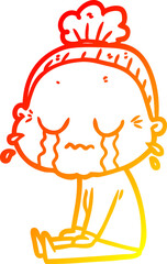 warm gradient line drawing of a cartoon crying old lady