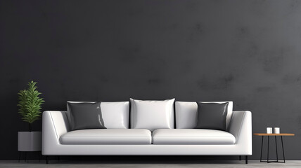 White Leather Sofa with Pillows against dark Gray Wall