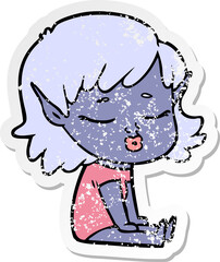 distressed sticker of a pretty cartoon elf girl sitting