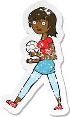 retro distressed sticker of a cartoon soccer girl