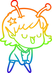 rainbow gradient line drawing of a happy alien girl cartoon