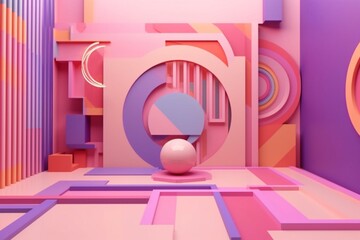 Abstract art with colorful geometric shapes on pink floor and violet background. Generative AI
