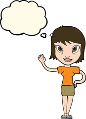 cartoon woman waving with thought bubble