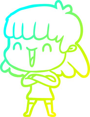 cold gradient line drawing of a cartoon woman laughing