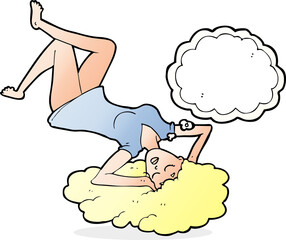 cartoon woman lying on floor with thought bubble