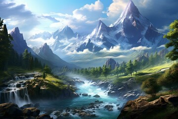 Spectacular mountains with beautiful landscapes encompassing a nearby river. Generative AI