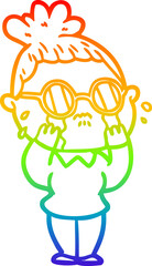 rainbow gradient line drawing of a cartoon crying woman wearing spectacles