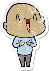 distressed sticker of a happy cartoon bald man