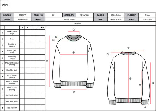 Techpack Layout Template of Crewneck Sweater