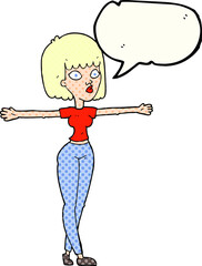 freehand drawn comic book speech bubble cartoon woman spreading arms