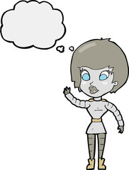 cartoon robot woman waving with thought bubble