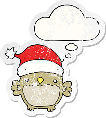 cute christmas owl with thought bubble as a distressed worn sticker