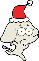 hand drawn line drawing of a unsure elephant running away wearing santa hat