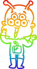 rainbow gradient line drawing of a happy cartoon alien
