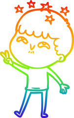 rainbow gradient line drawing of a cartoon amazed boy