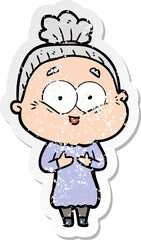 distressed sticker of a cartoon happy old woman
