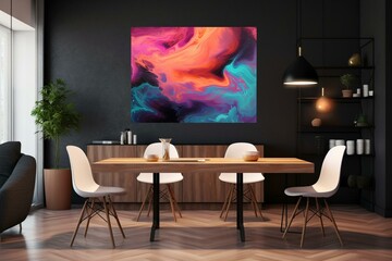 Colorful neon painting in a home office with a desk, table, chair, and room. Generative AI