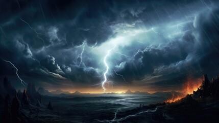 dangerous weather season in storm lightning  tornado hurricane thunder rainy on landscape  - obrazy, fototapety, plakaty