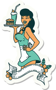 sticker of tattoo in traditional style of a pinup waitress girl with banner
