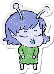 distressed sticker of a cute alien girl cartoon