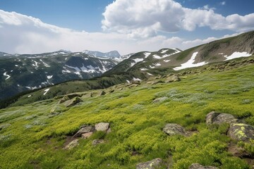 A sweeping view of a verdant hill with patches of snow in Rocky Mountains National Park. Generative AI