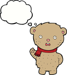 cartoon teddy bear wearing scarf with thought bubble