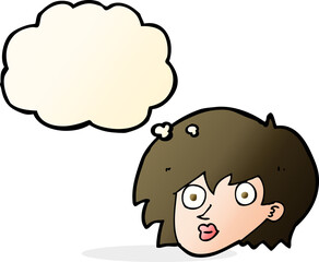 cartoon surprised female face with thought bubble