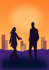 A man and a woman meet each other at sunset, and in the background you can see some tall buildings.
