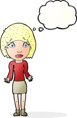 cartoon woman shrugging shoulders with thought bubble