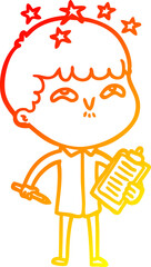 warm gradient line drawing of a cartoon amazed boy