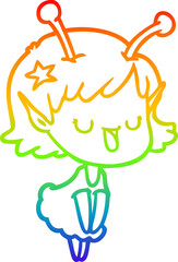 rainbow gradient line drawing of a happy alien girl cartoon