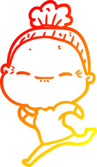 warm gradient line drawing of a cartoon peaceful old woman