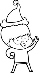 happy hand drawn line drawing of a boy wearing santa hat