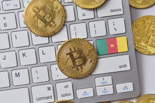 national flag of cameroon on the keyboard with bitcoin coins on a grey background.