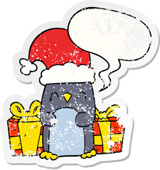 cute christmas penguin with speech bubble distressed distressed old sticker