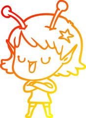 warm gradient line drawing of a happy alien girl cartoon